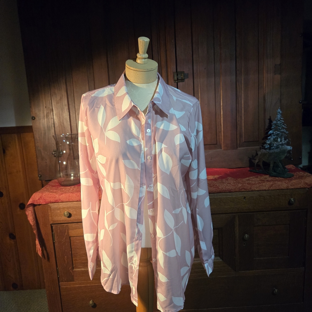 Pink and White Leaf Print Button-Up Shirt